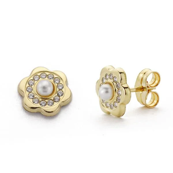 18K PENDIENTES ORO AMARILLO FLOR CIRCONITA Y PERLA 3 MM CIERRE PRESION
