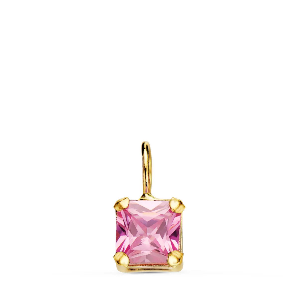 18K COLGANTE ORO AMARILLO CUADRADO CON GARRAS Y PIEDRA ROSA 5,5 X 5,5 MM.