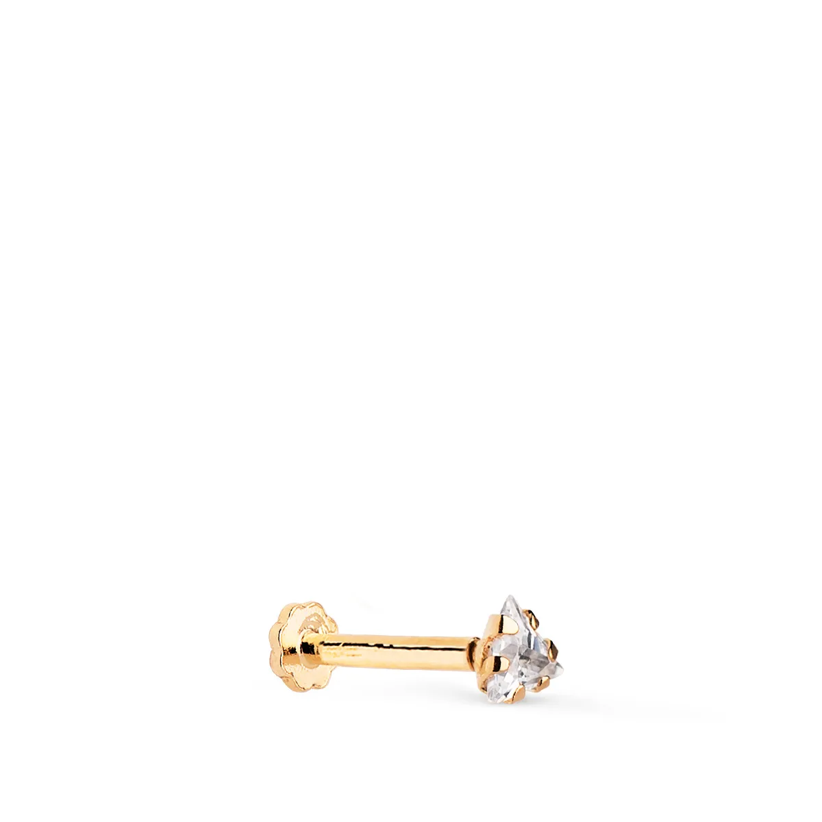 18K PIERCING DE OREJA ORO AMARILLO CIRCONITA TRIANGULO 3,5 X 3,5 MM. GRUESO BARRA 1.20 MM. CIERRE TUERCA