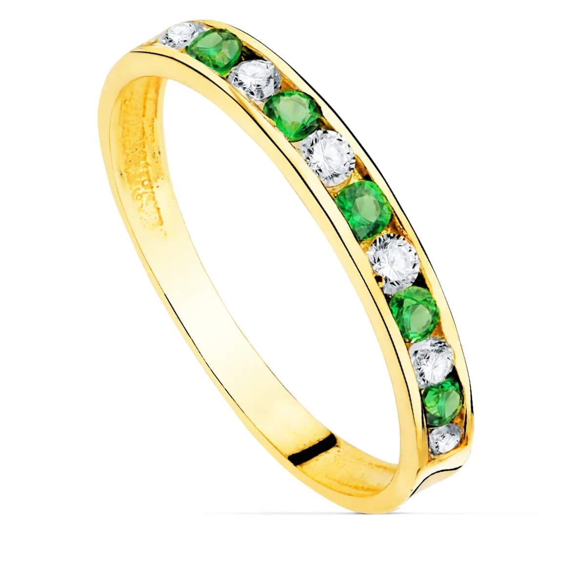 18K SORTIJA ORO AMARILLO CIRCONITA VERDES Y BLANCAS. ANCHO CUERPO 2.5 MM