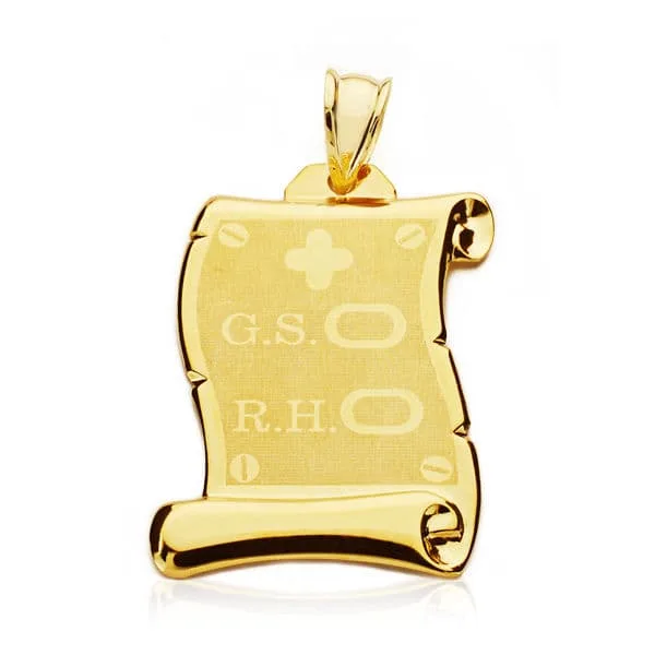 18K PLACA CHAPA COLGANTE PERGAMINO ORO AMARILLO BRILLO GRUPO SANGUINEO   RH MATE Y BRILLO 28X22 MM