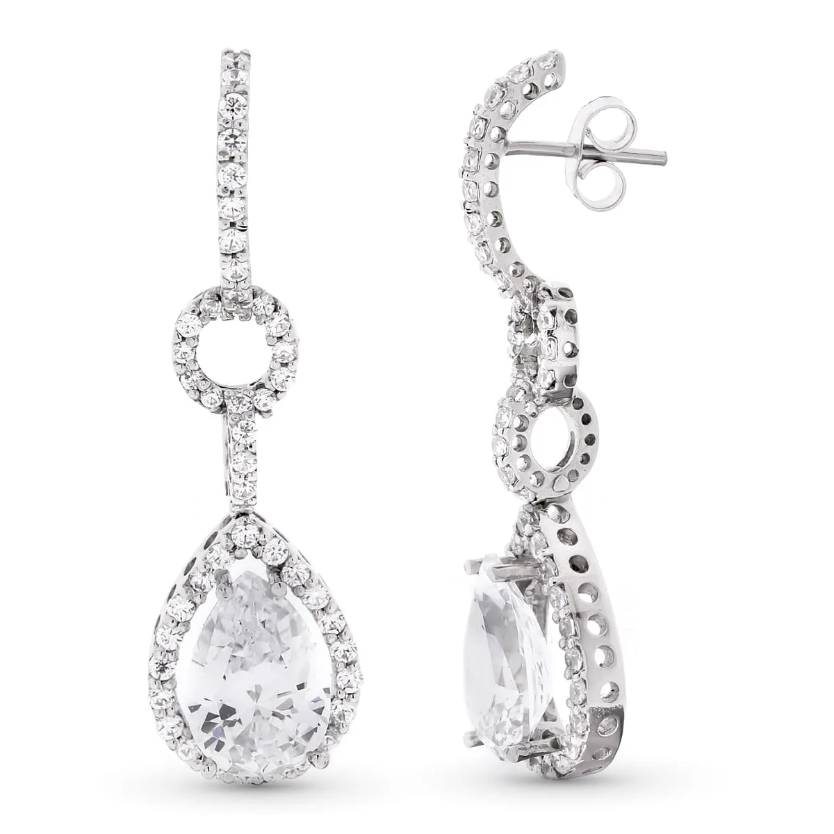 18K PENDIENTES ORO BLANCO LARGOS CIRCONITA 41X11 MM CIERRE PRESION