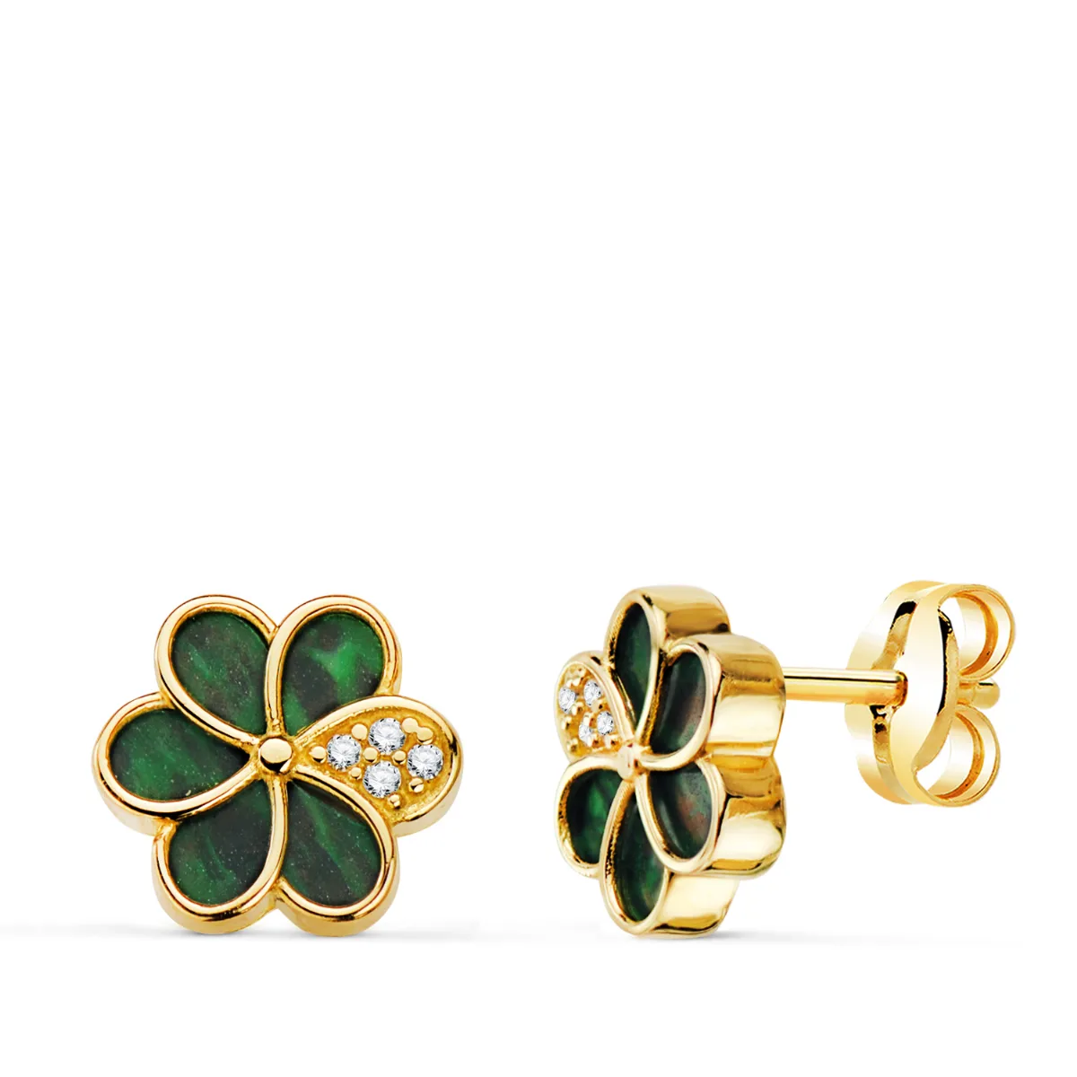 18K PENDIENTES ORO AMARILLO FLOR CON PETALOS DE MALAQUITA Y CIRCONITA 8,5 X 8,5 MM. CIERRE PRESION