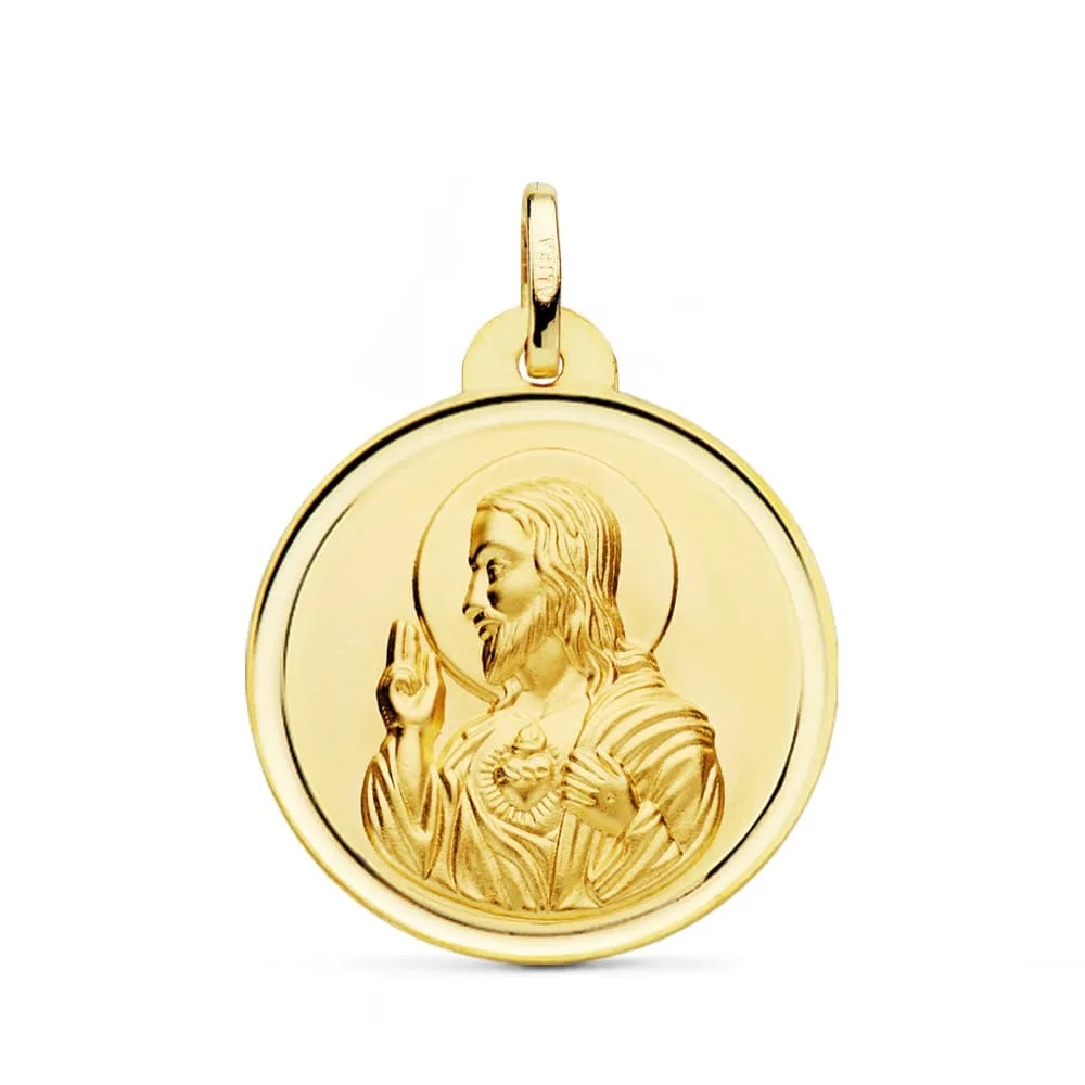 18K MEDALLA ORO AMARILLO CRISTO SAGRADO CORAZON DE JESUS BISEL 26 MM