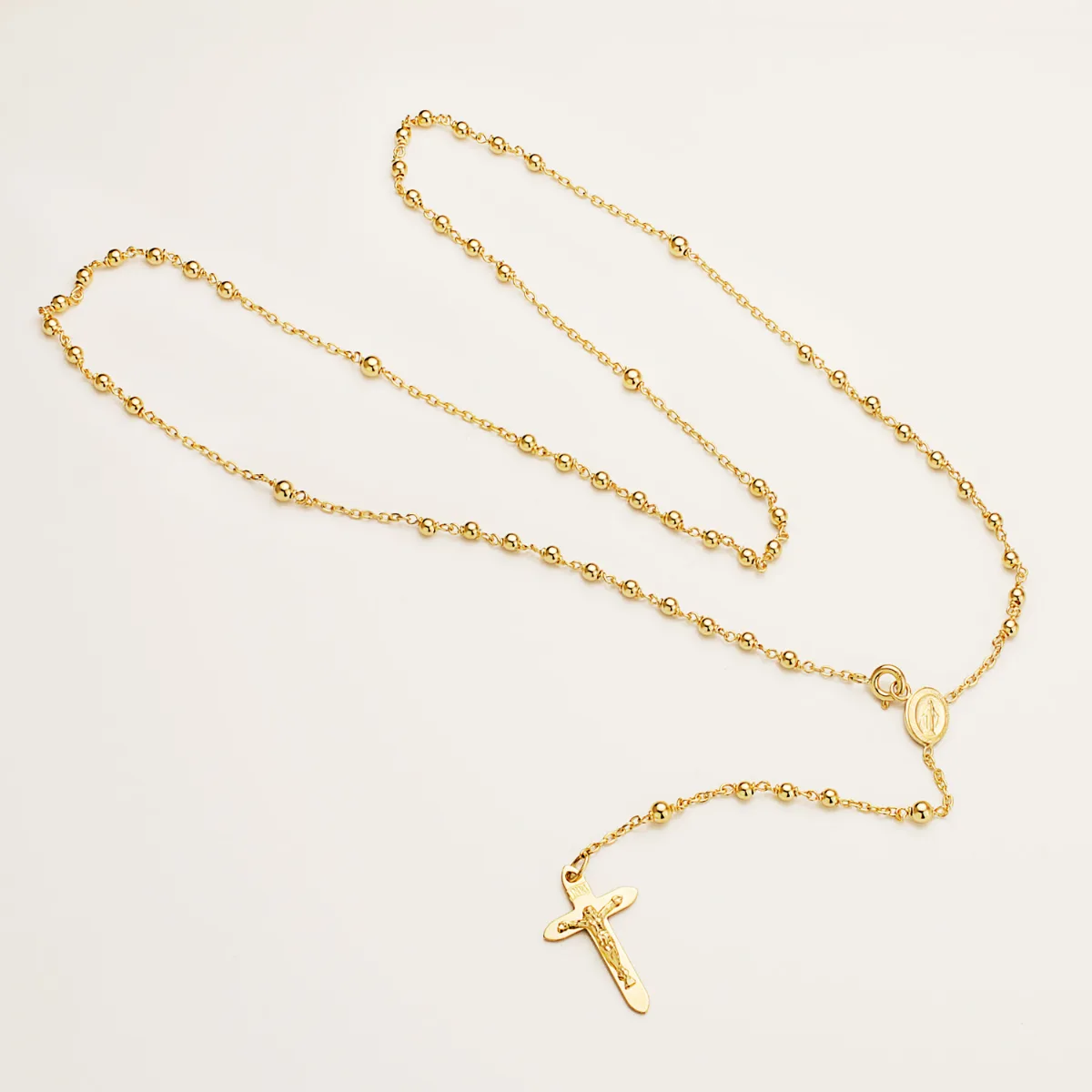 18K ROSARIO ORO AMARILLO CON BOLAS 2 MM Y CRUZ 23X14MM CADENA FORZADA 50CM