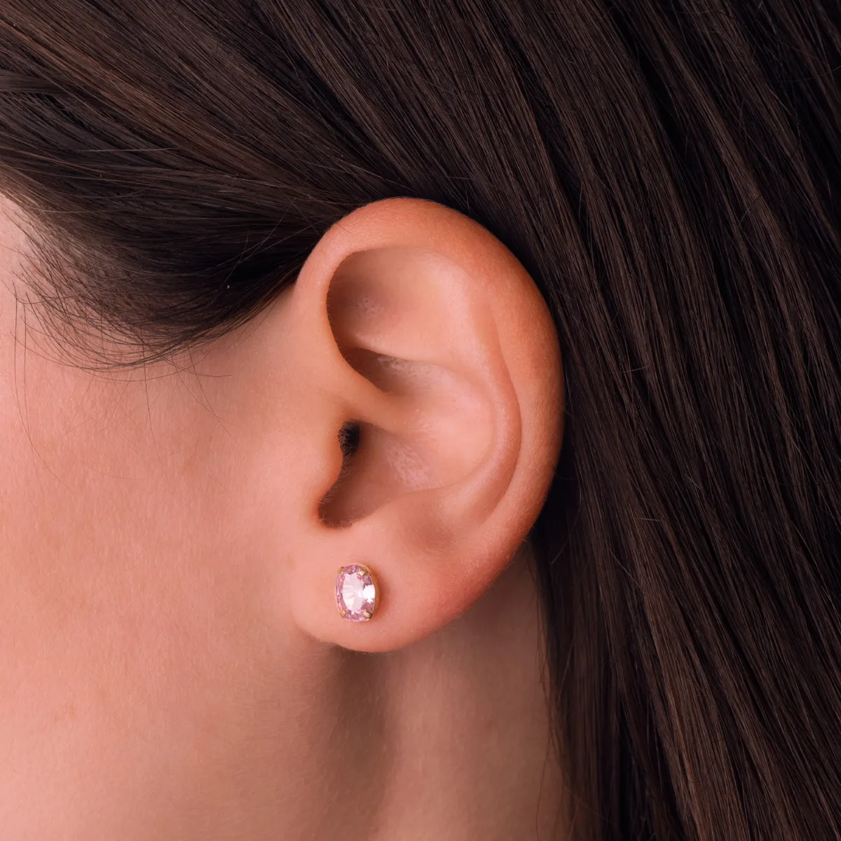 18K PENDIENTES ORO AMARILLO OVAL PIEDRA ROSA 7 X 5 MM. CIERRE PRESION — vista 3