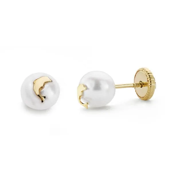 18K PENDIENTES ORO AMARILLO PERLA Y DELFIN 6 MM TUERCA