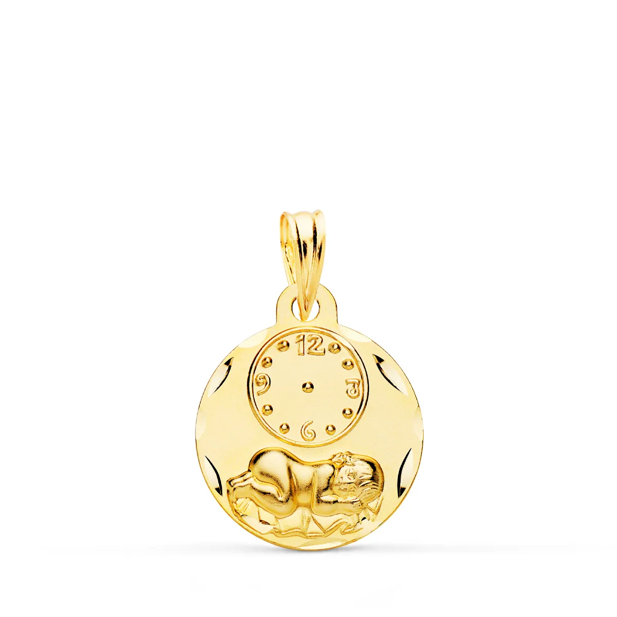 9k MEDALLA ORO AMARILLO REDONDA NIÑO DE LA HORA CON RELOJ TALLADA 15 MM