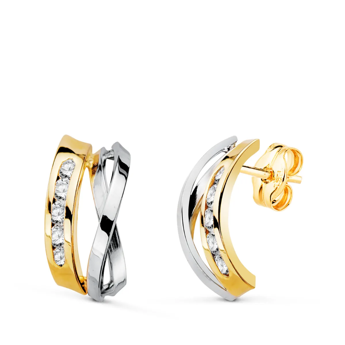 18K PENDIENTES ORO BICOLOR BANDAS CON CIRCONITAS CARRIL. MEDIDA: 16X7,5 MM. CIERRE PRESION