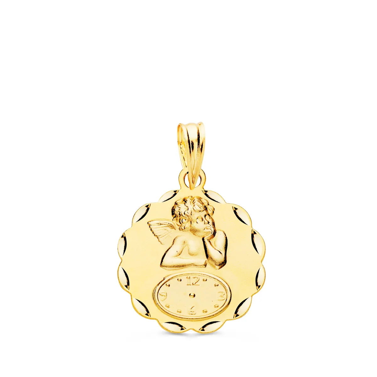 9K MEDALLA ORO AMARILLO REDONDA ANGELITO BURLON CON RELOJ TALLADA 16 MM