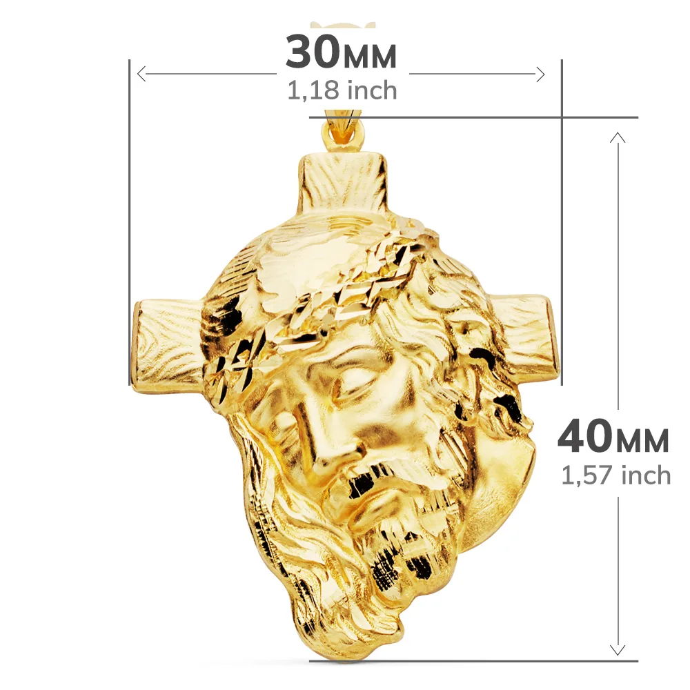 18K COLGANTE ORO AMARILLO CABEZA DE CRISTO  CON CRUZ TALLADA 40X30 MM — vista 3