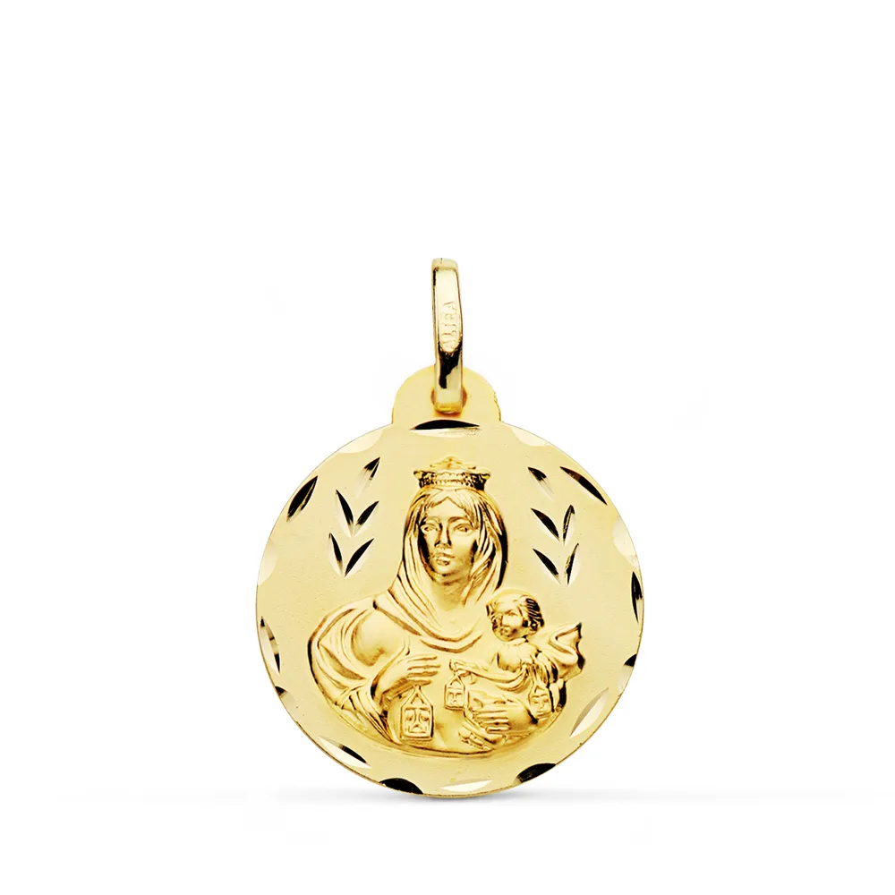 18K ESCAPULARIO ORO AMARILLO TALLADO VIRGEN DEL CARMEN CORAZON DE JESUS 20 MM — vista 3
