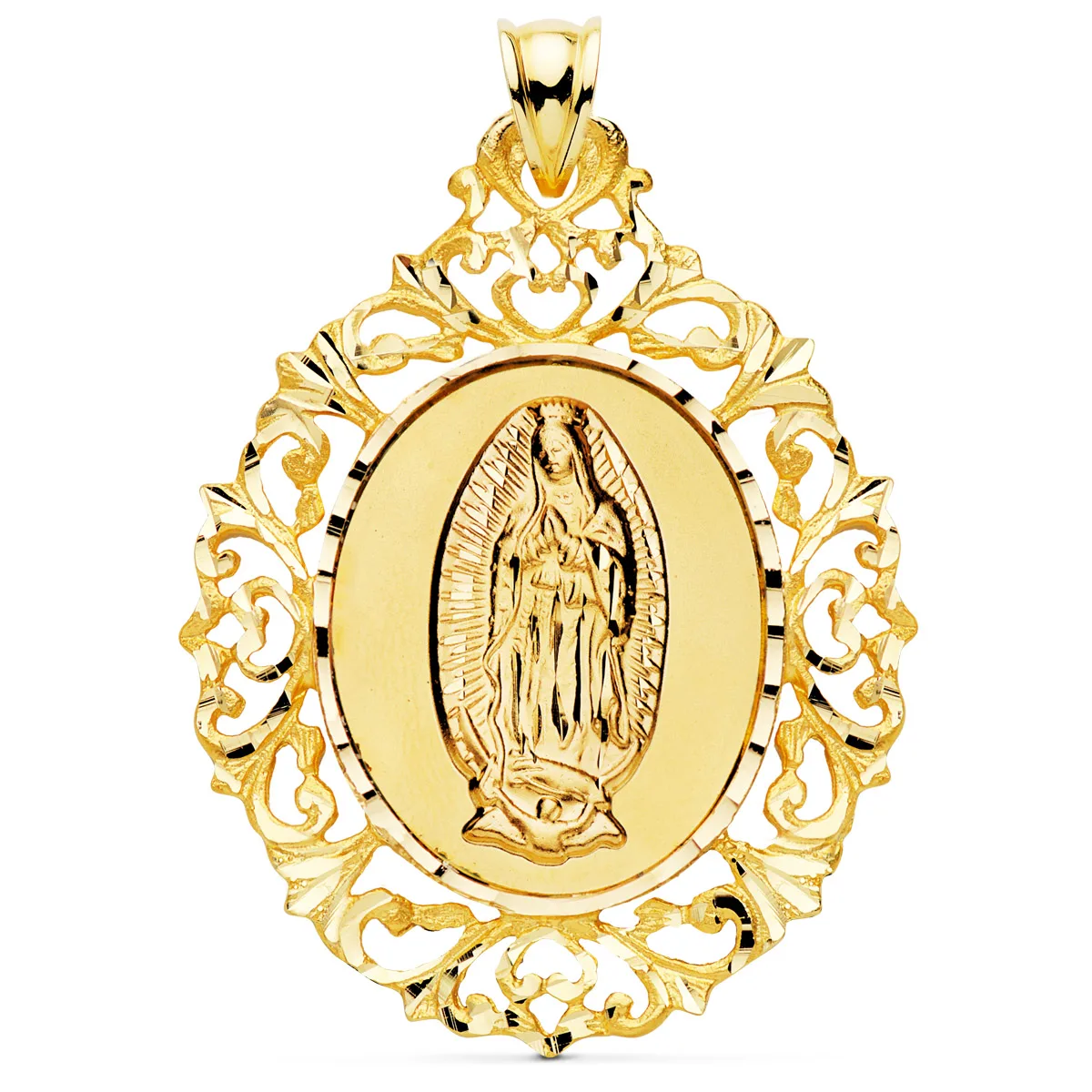 18K MEDALLA ORO AMARILLO VIRGEN GUADALUPE ORLA DE FILIGRANA 51X40 MM