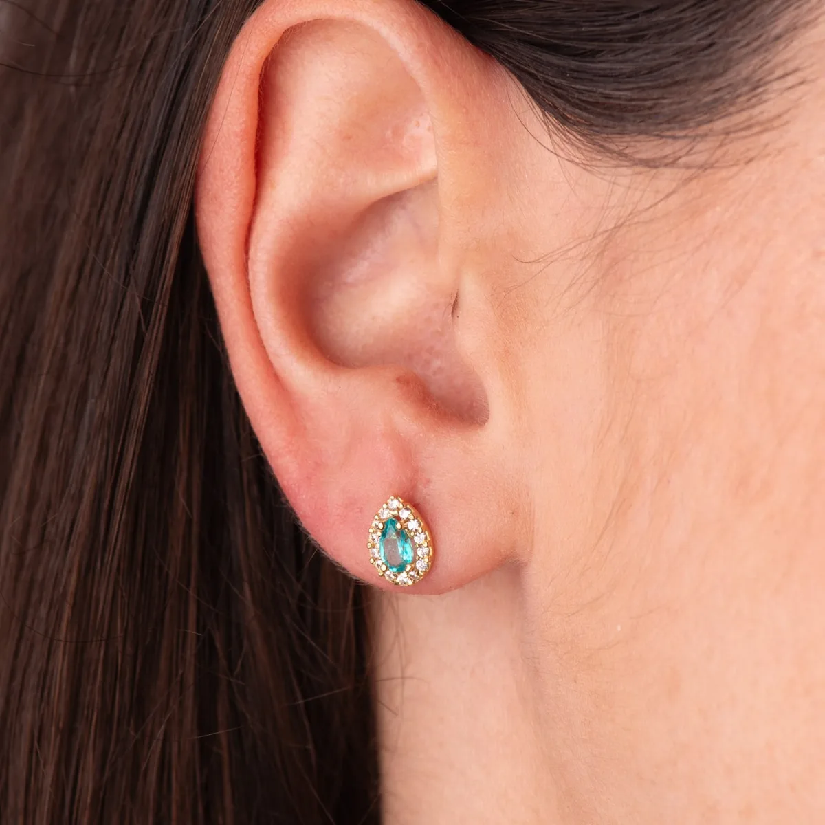 18K PENDIENTES ORO AMARILLO PIEDRA GOTA TOPACIO PARAIBA Y CIRCONITAS. 8,5 X 6 MM. CIERRE PRESION — vista 2