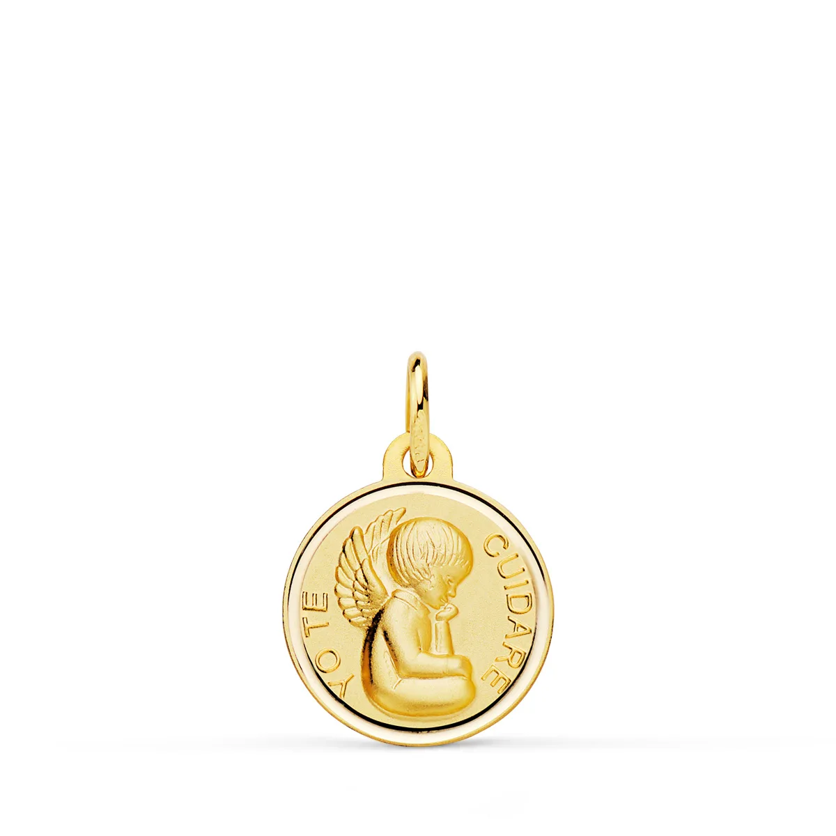 18K MEDALLA ORO AMARILLO ANGELITO "YO TE CUIDARE" BISEL. MEDIDA: 14 MM
