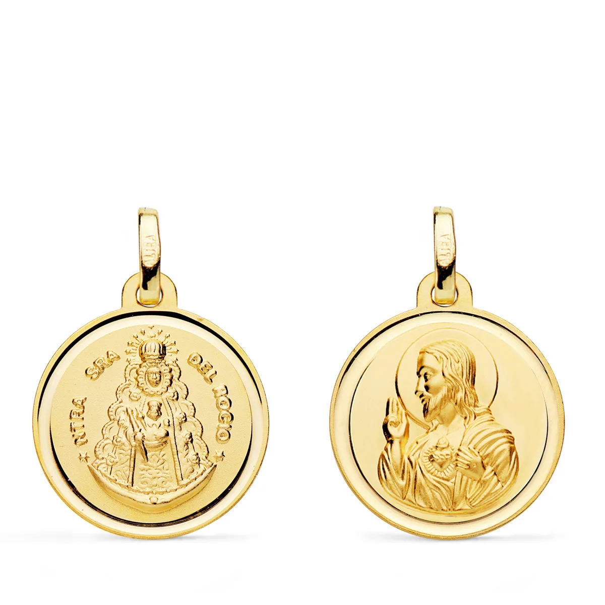 18K MEDALLA ORO AMARILLO ESCAPULARIO ORO AMARILLO VIRGEN DEL ROCIO Y CORAZON JESUS 18 MM
