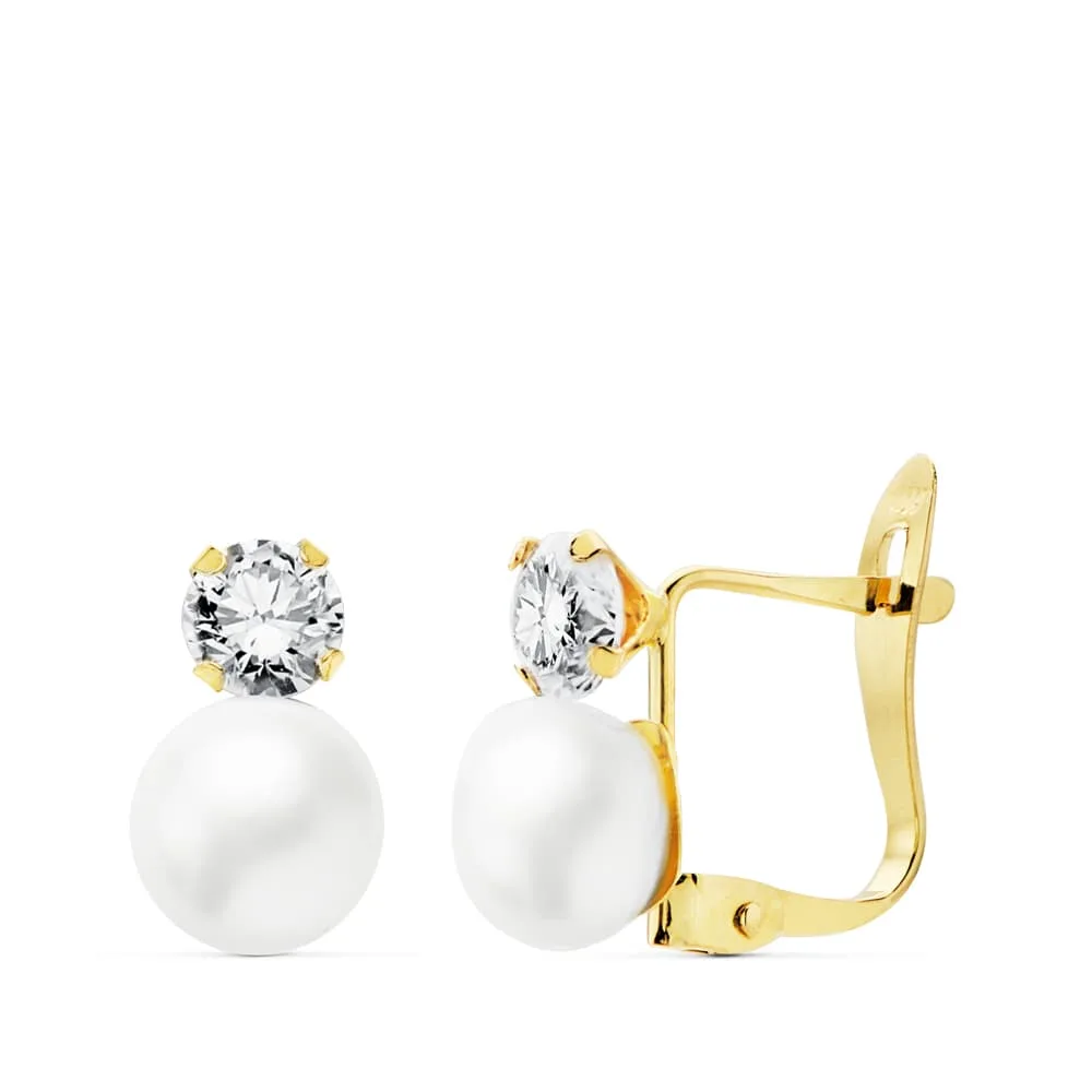 18K PENDIENTES CIRCONITA ORO BICOLOR 4 MM PERLA 6 MM CIERRE CATALAN