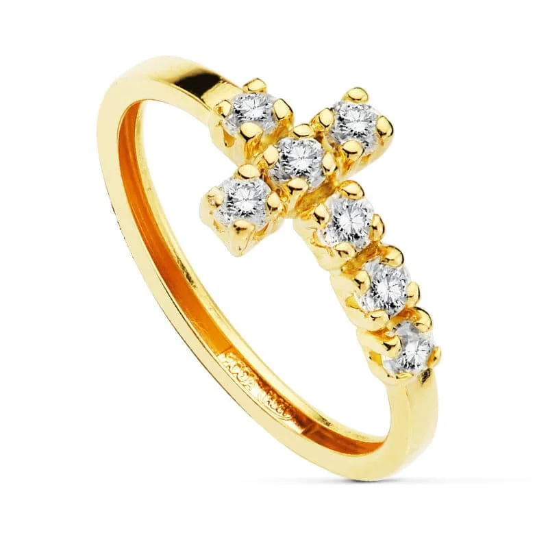18K SORTIJA ORO AMARILLO  CON CRUZ DE 7 CIRCONITAS. ANCHO: 8MM. ANCHO CUERPO: 2MM