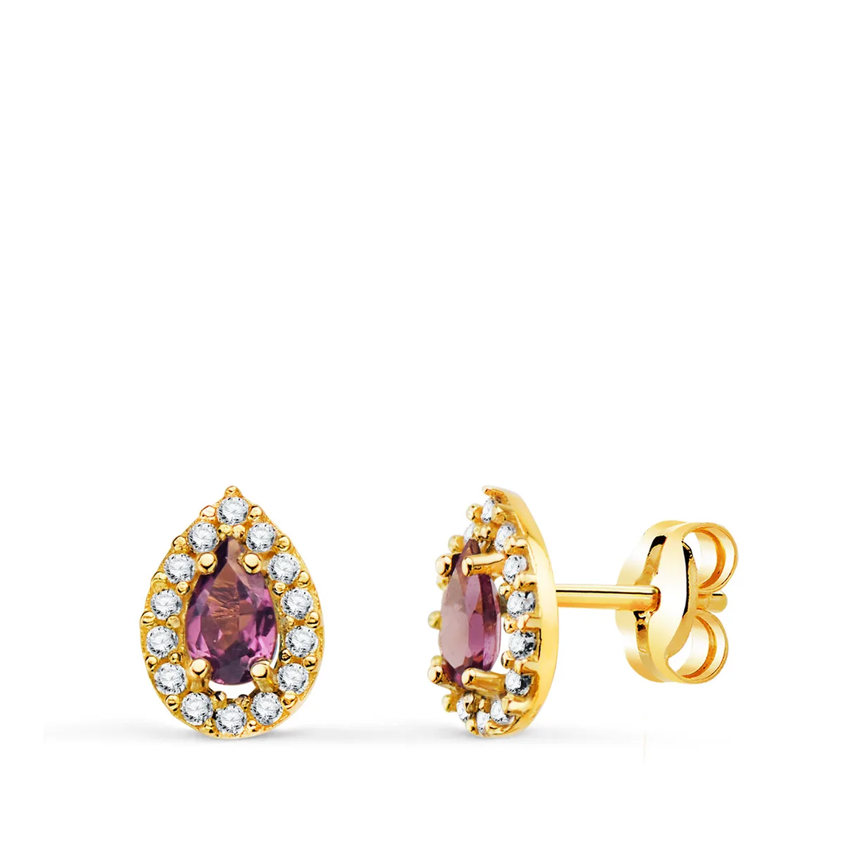 18K PENDIENTES ORO AMARILLO PIEDRA GOTA AMATISTA Y CIRCONITAS. 8,5 X 6 MM. CIERRE PRESION