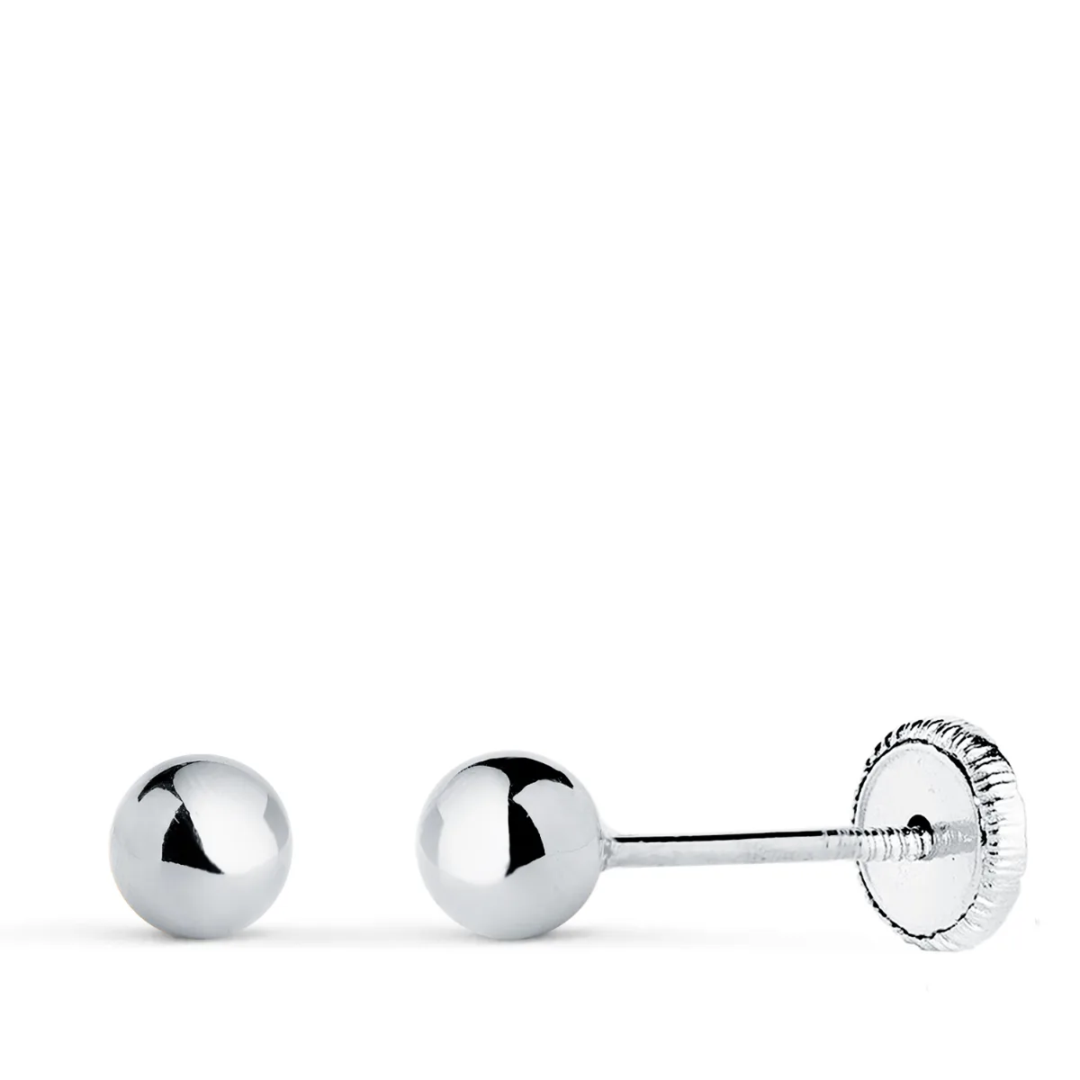 18K PENDIENTES ORO BLANCO BOLA LISA BRILLA HUECA. ANCHO: 4 MM. CIERRE TUERCA