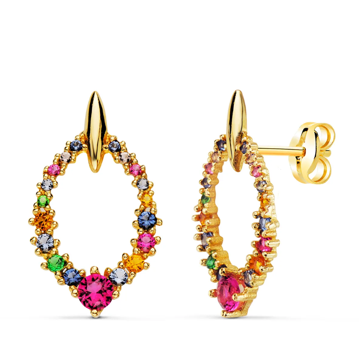 18K PENDIENTES ORO AMARILLO OVALES CON CIRCONITA MULTICOLOR REDONDAS 19 X 11 MM. CIERRE PRESION