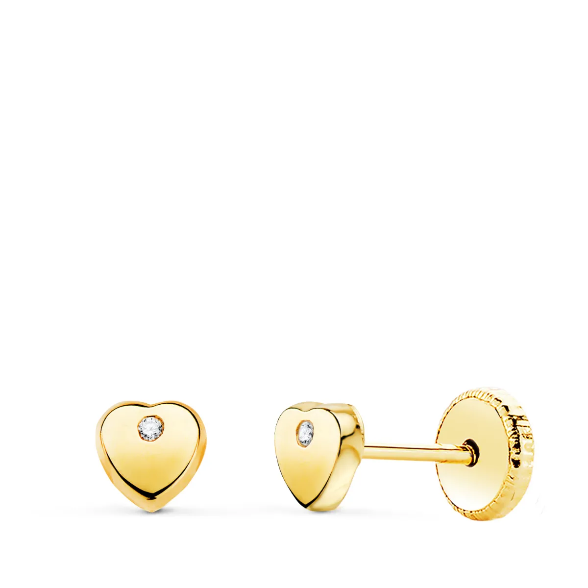 18K PENDIENTES ORO AMARILLO CORAZON CON CIRCONITA BRILLO 4X4 MM. CIERRE TUERCA