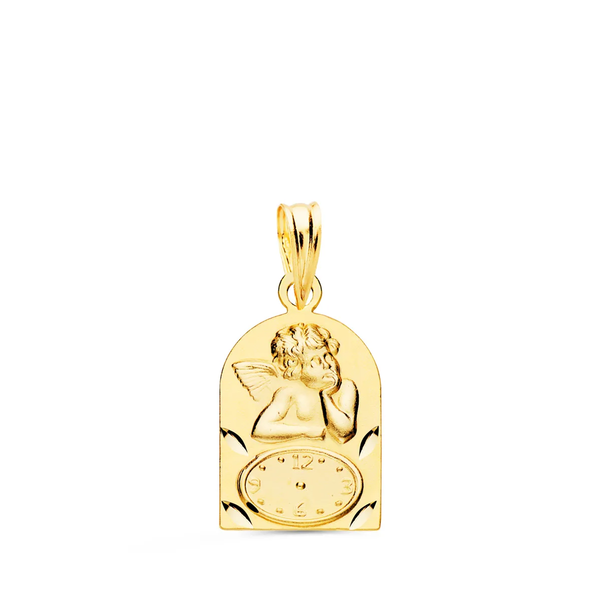18K MEDALLA ORO AMARILLO ARCO ANGELITO BUROL CON RELOJ TALLADA 18X11 MM