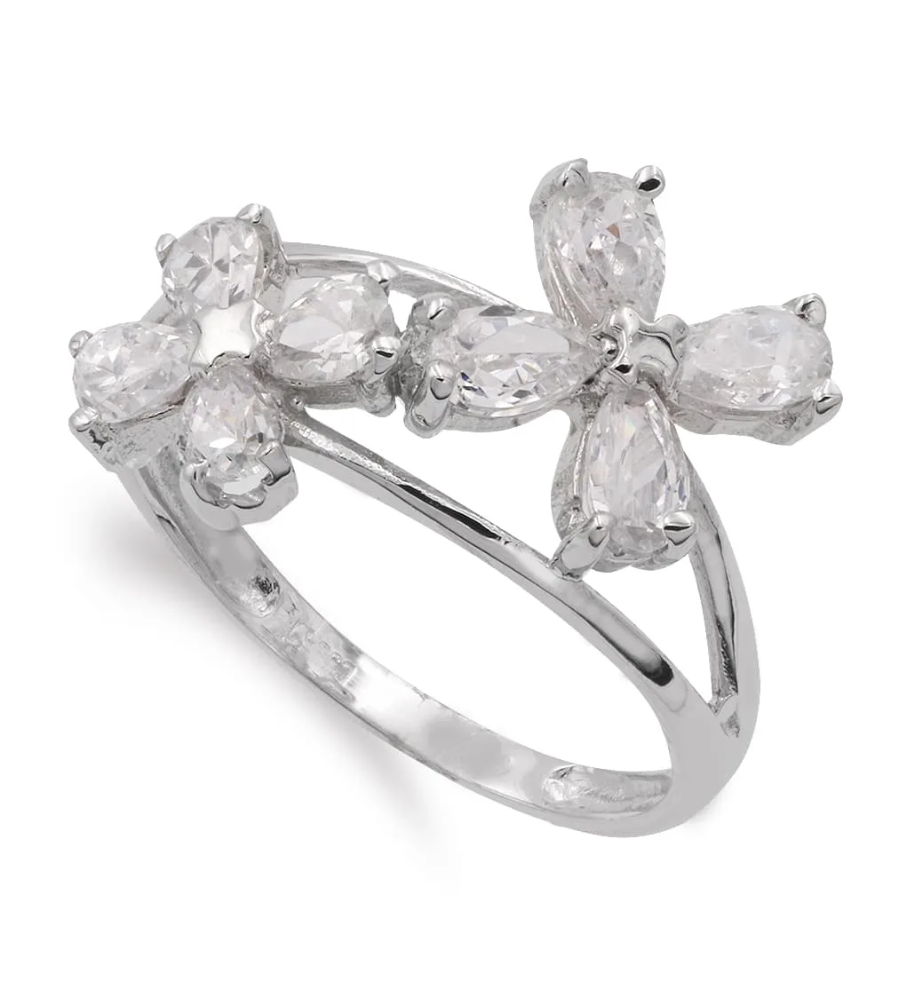 18K SORTIJA ORO BLANCO CON FLORES DE CIRCONITA ANCHO 13 MM