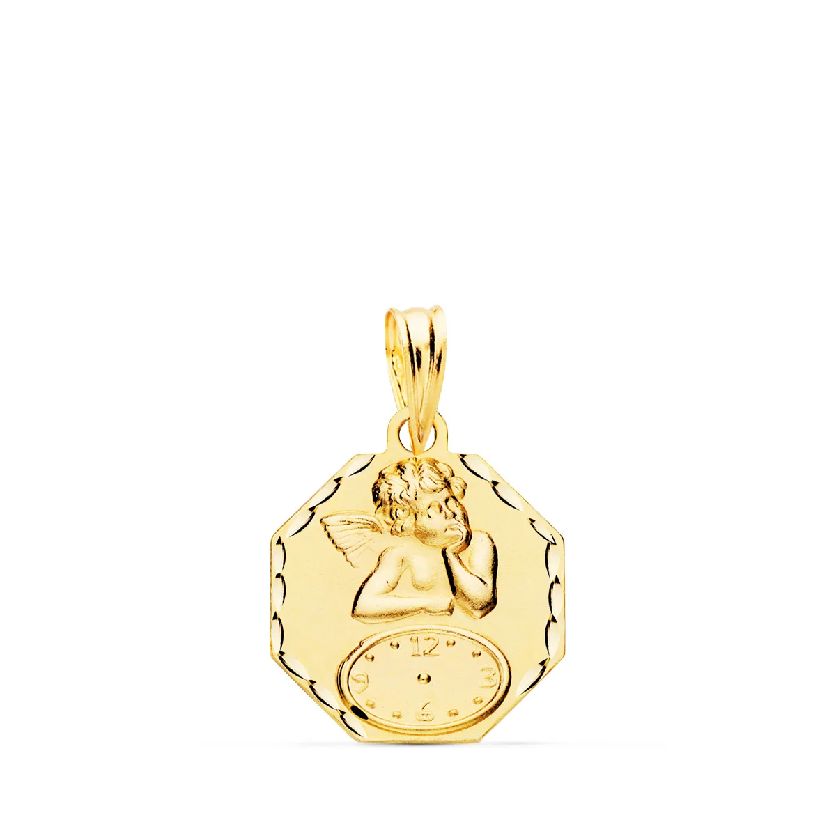 18K MEDALLA ORO AMARILLO OCTOGONAL ANGELITO BURLON CON RELOJ TALLADA 15X15 MM