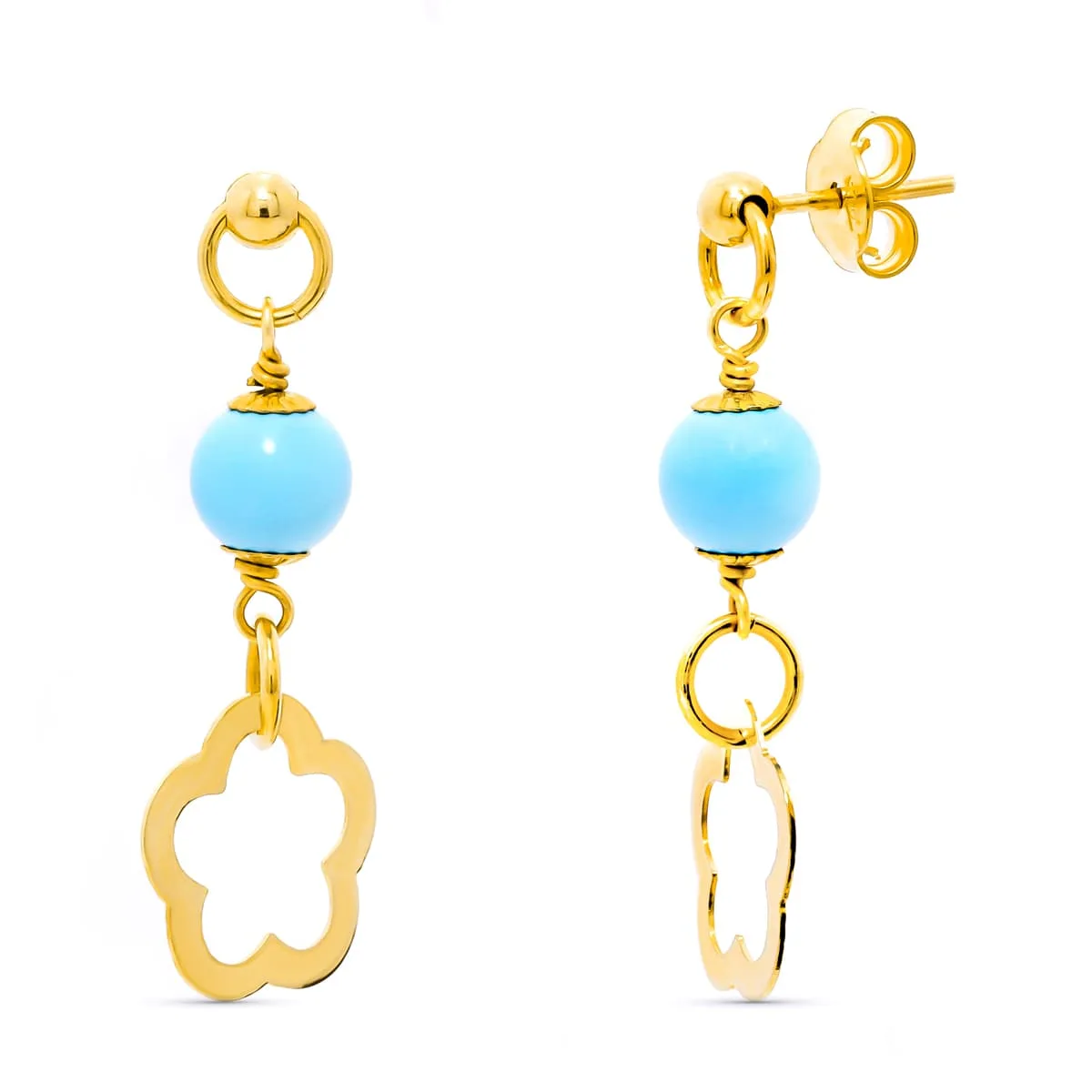 18K PENDIENTES ORO AMARILLO TURQUESA 6 MM FLOR PRESION
