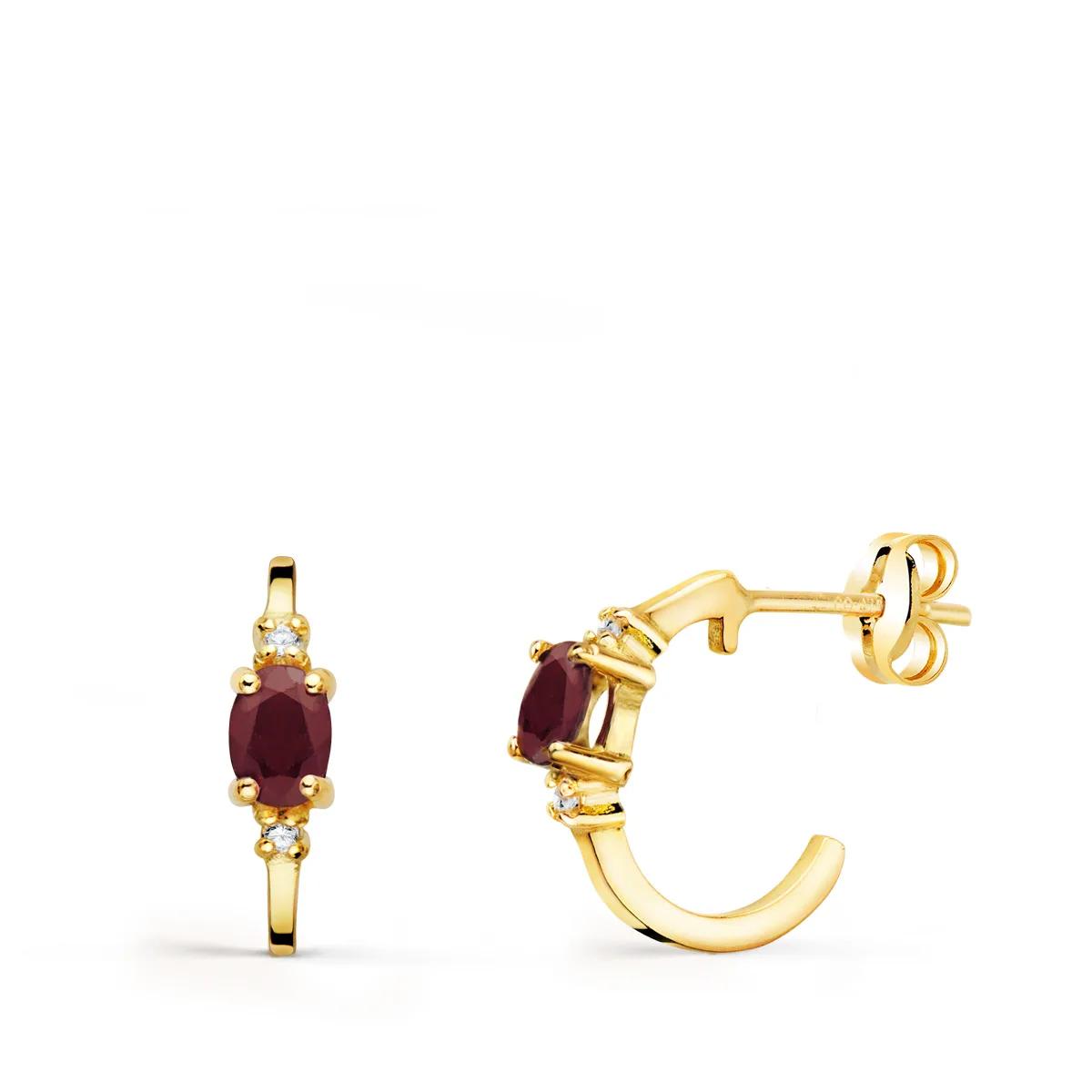 18K PENDIENTES ORO AMARILLO MEDIO ARO LISO CON RUBI 12X3 MM CIERRE PRESION.