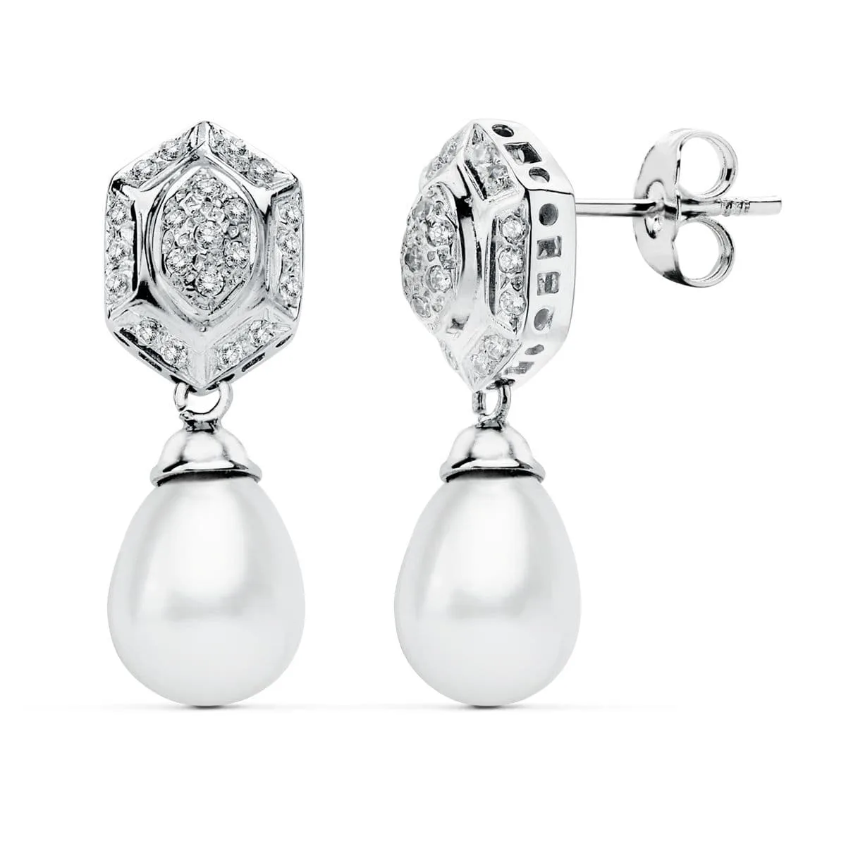18K PENDIENTES PERLA ORO BLANCO CIRCONITA PRESION