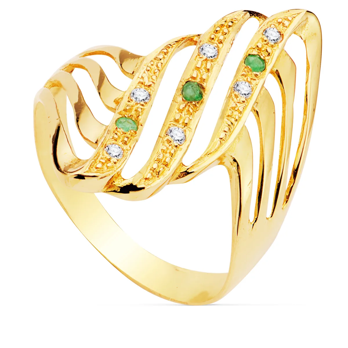 18K SORTIJA ORO AMARILLO LANZADERA CON CIRCONITA Y ESMERALDAS. ANCHO 24 MM