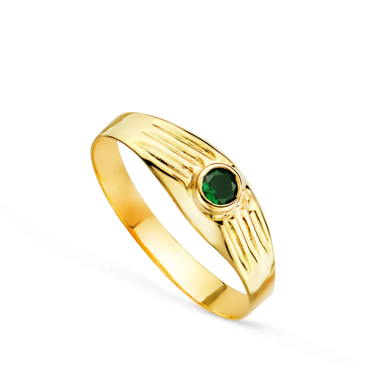 18K SOLITARIO ORO AMARILLO HUECO DE BEBE O MEÑIQUE CIRCONITA VERDE 3MM LATERAL GALLONEADO