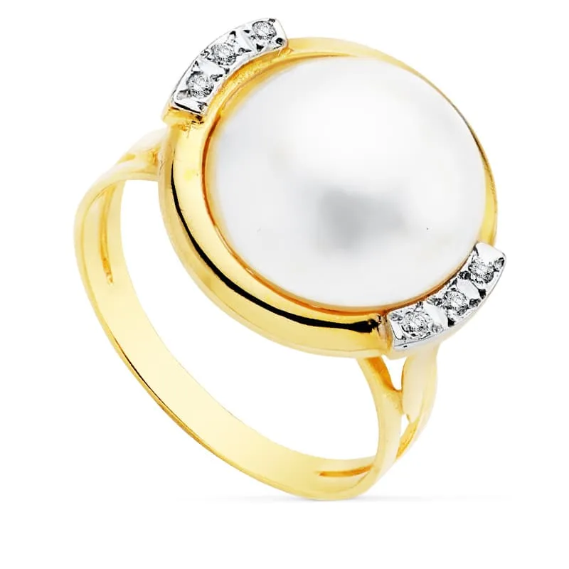 18K SORTIJA BICOLOR PERLA JAPONESA CON CIRCONITA 14 MM
