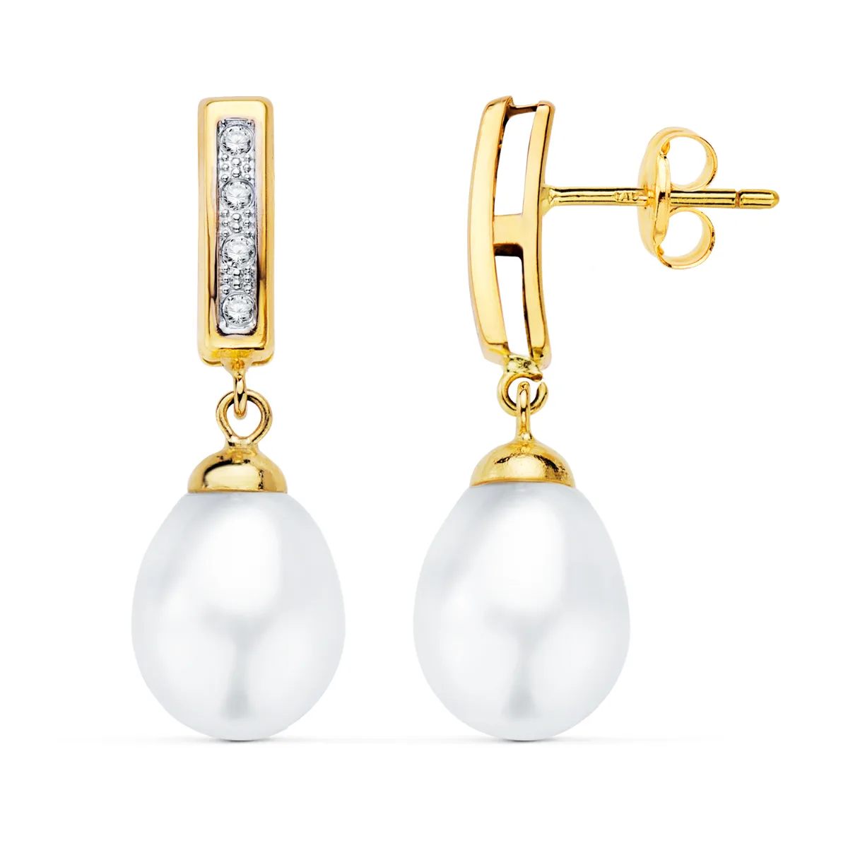 18K PENDIENTES ORO BICOLOR DOS CUERPOS CON PERLAS Y CIRCONITA 25 X 9MM PRESION