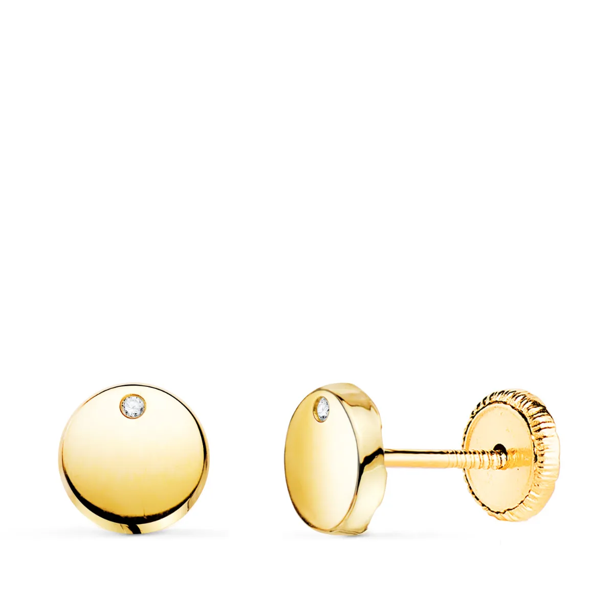 18K PENDIENTES ORO AMARILLO REDONDOS BRILLO CON CIRCONITA 6,5 MM. CIERRE TUERCA