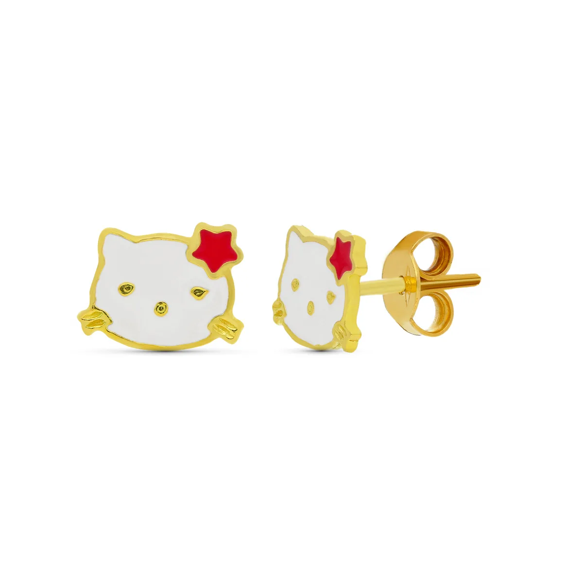 18K PENDIENTES ORO AMARILLO KITTY ESMALTE 10X7 MM CIERRE PRESION