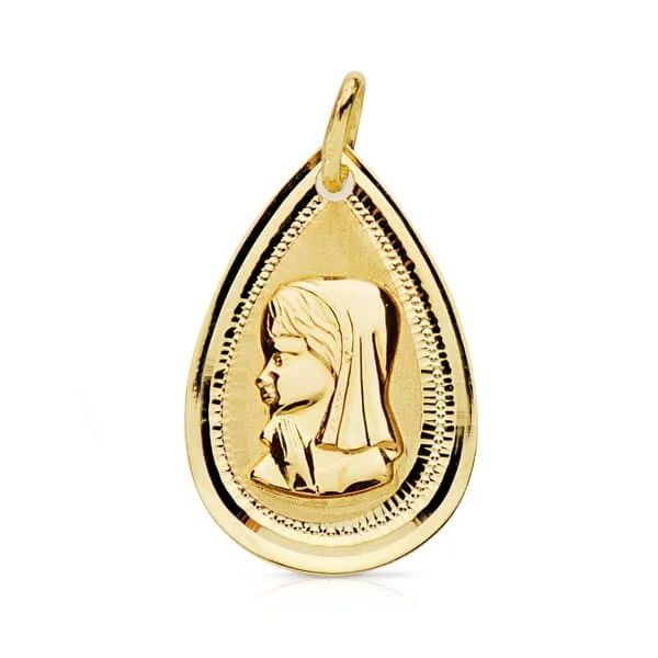 18K MEDALLA ORO AMARILLO VIRGEN NIÑA LAGRIMA BISEL 20X14 MM