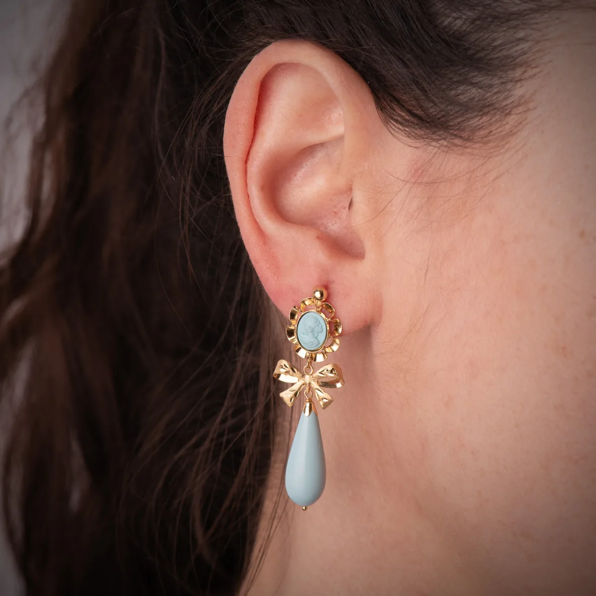 18K PENDIENTES CUBANAS ORO AMARILLO TURQUESA CAMAFEO 42X13 MM. CIERRE CATALÁN — vista 2