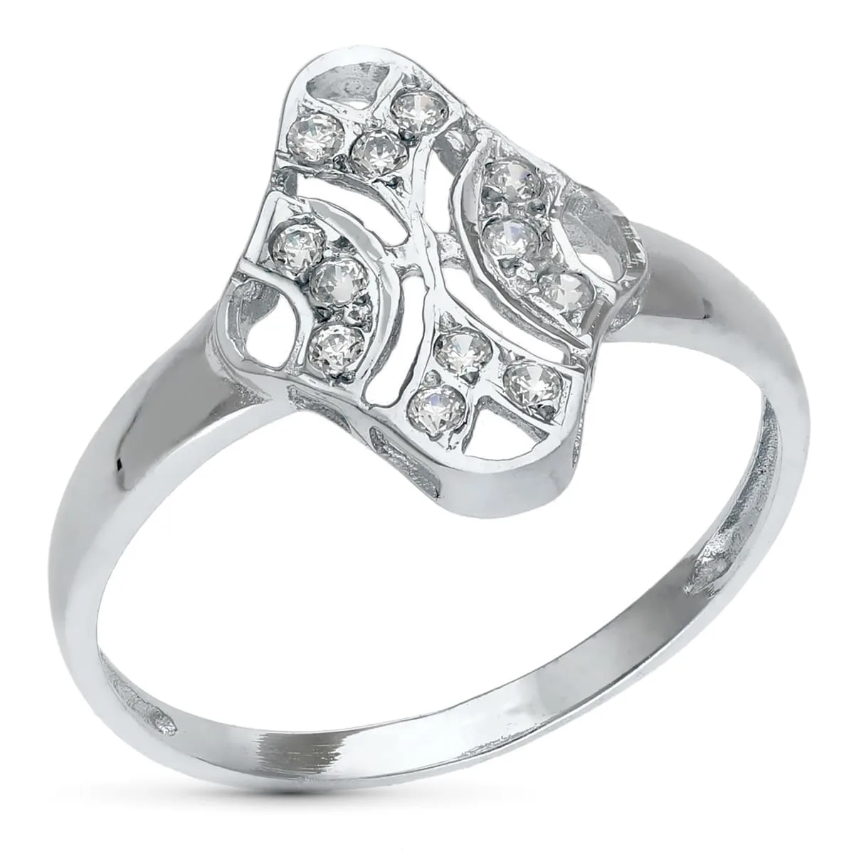 18K SORTIJA ORO BLANCO MOTIVO CALADO ROMBO 15X10 MM CON CIRCONITAS. ANCHO: 15 MM