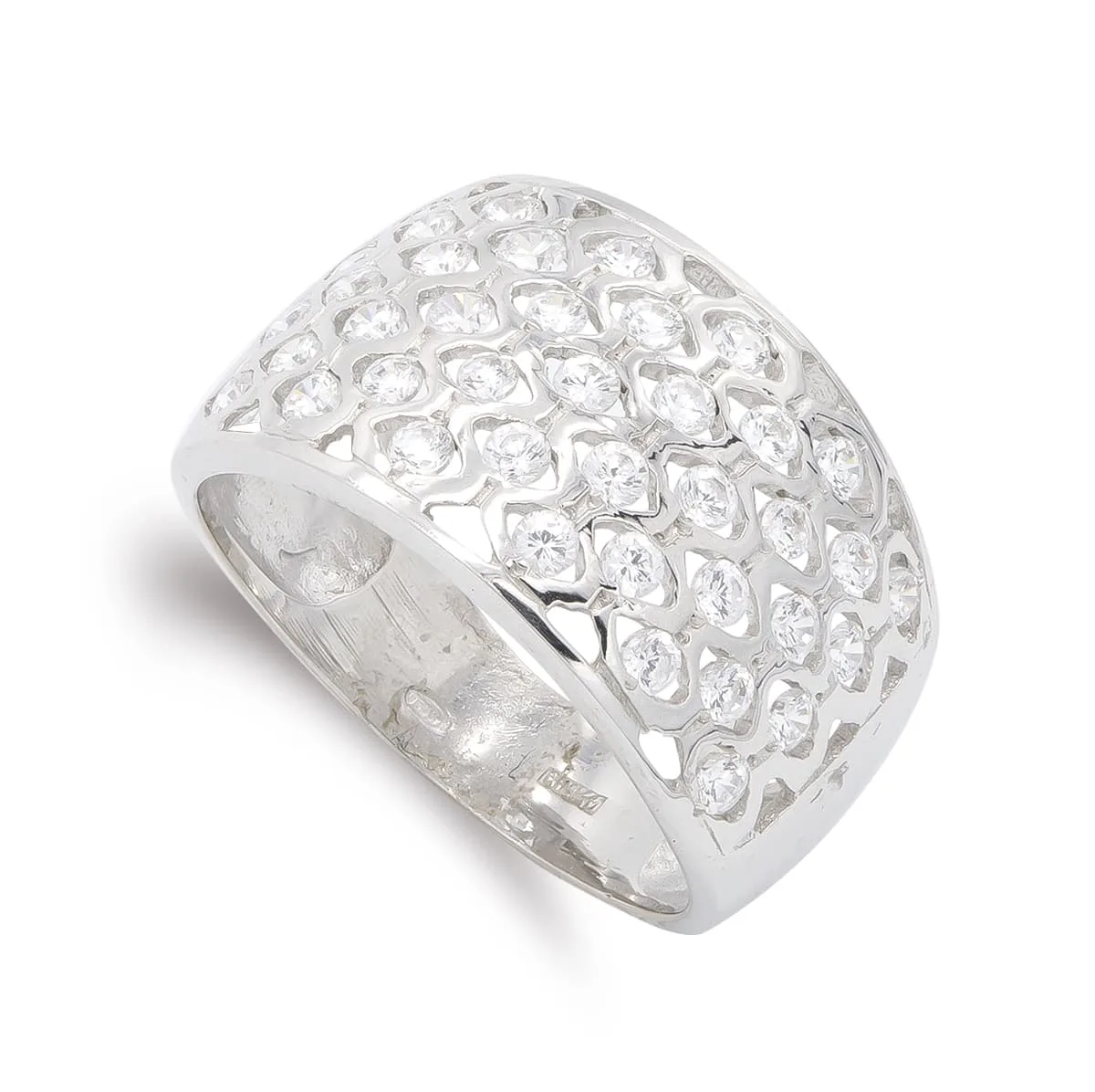 18K SORTIJA ORO BLANCO CALADA CON CIRCONITA. ANCHO: 13 MM