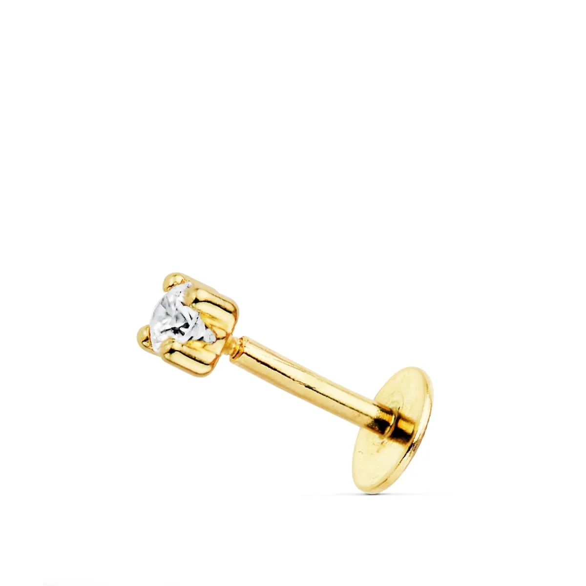 18K PIERCING LABIO ORO AMARILLO CIRCONITA GARRAS 2.5 MM GRUESO BARRA 1.20 MM LONGITUD 7 MM TOTAL PIERCING 9 MM CIERRE TUERCA