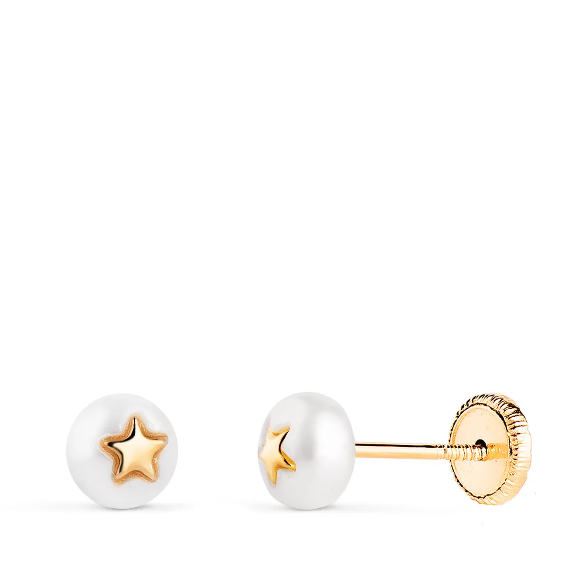 18K PENDIENTES ORO AMARILLO PERLA 5MM CON ESTRELLA. CIERRE TUERCA