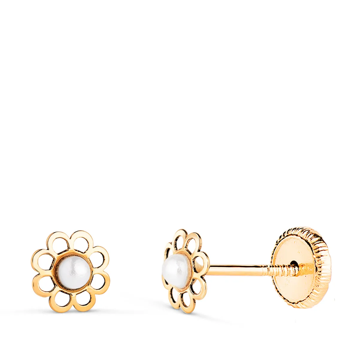 18K PENDIENTES ORO AMARILLO MARGARITA FLOR CON PERLITA 2 MM. MEDIDA: 5,5 X 5 MM. CIERRE TUERCA