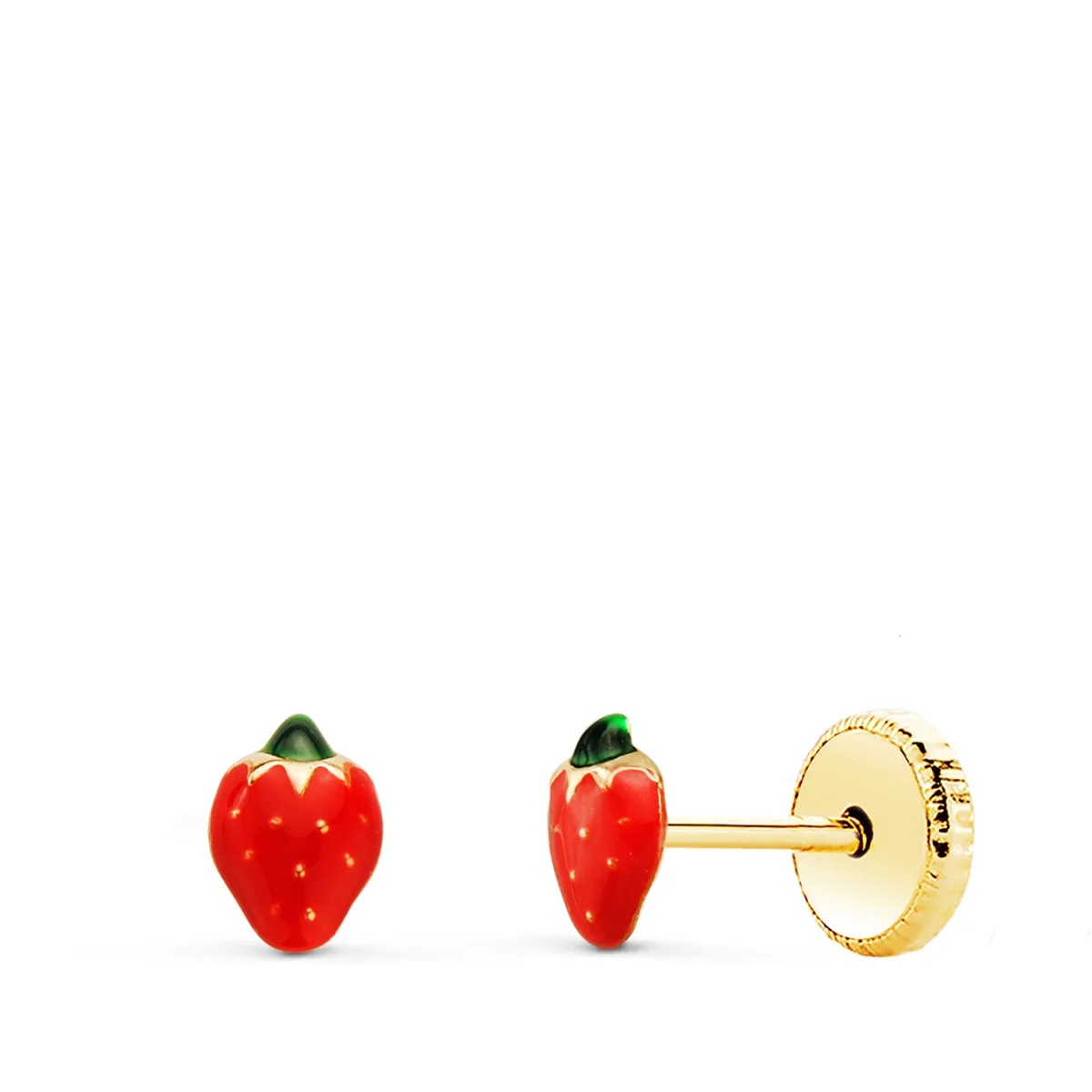 18K PENDIENTES ORO AMARILLO FRESAS MINIS ESMALTE 5,5X4 MM. CIERRE TUERCA