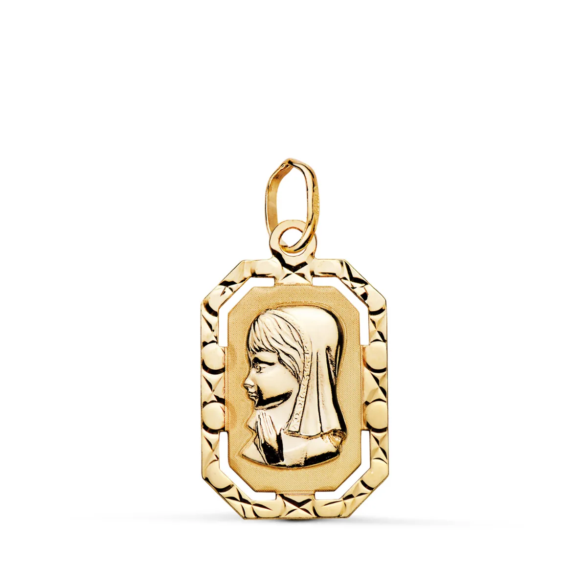 9K MEDALLA ORO AMARILLO VIRGEN NIÑA RECTANGULAR CALADA BORDE TALLADO. MEDIDA: 20 X 12 MM