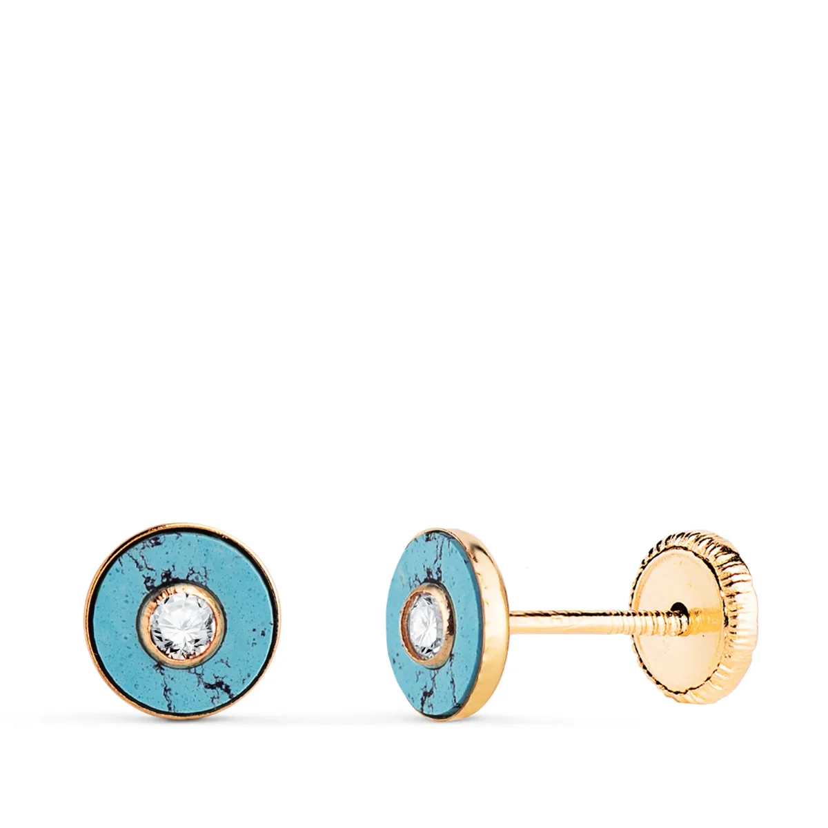 18K PENDIENTES ORO AMARILLO REDONDOS TURQUESA SINTETICA CON CIRCONITA. MEDIDA: 5,5MM. CIERRE TUERCA