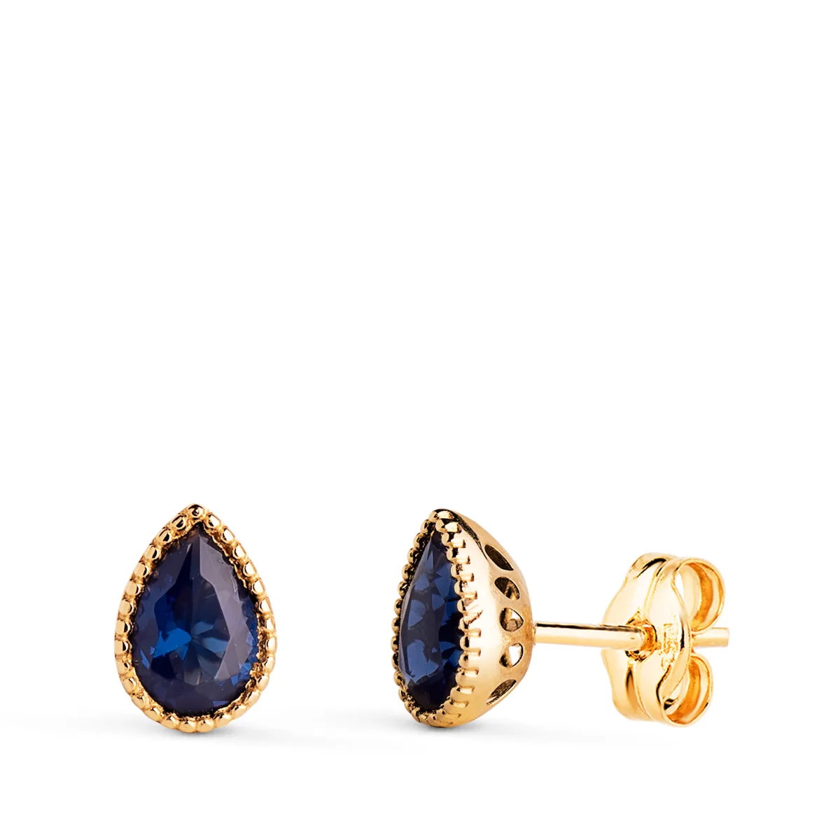 18K PENDIENTES ORO AMARILLO GOTA PIEDRA AZUL BORDES BOLITAS. MEDIDA: 7 X5 MM. CIERRE PRESION