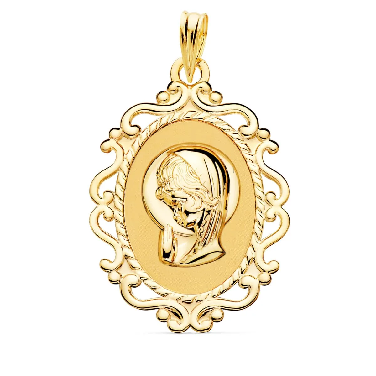 18K MEDALLA ORO AMARILLO VIRGEN NIÑA CERCO CALADO EN BRILLO 31X21 MM